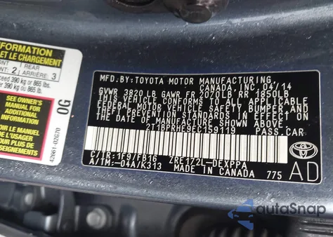 2014 Toyota Corolla Le Eco Plus z USA, uszkodzony, nr VIN 2T1BPRHE9EC159119